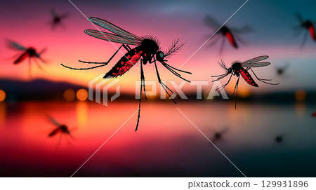 一群蚊子和日落天空：象徵害蟲的自然景觀圖像 129931896