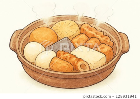 七種陶鍋關東煮的食材-水彩筆繪畫風格插圖 129931941