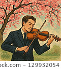 一位男士在櫻桃樹下拉小提琴 129932054