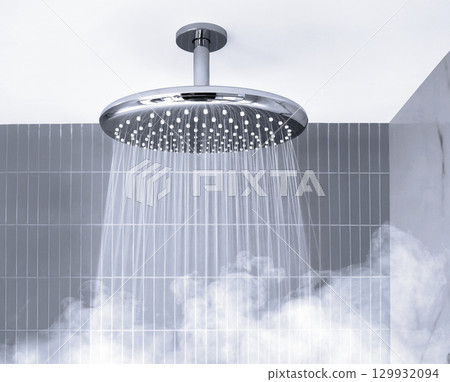 Ceiling Shower head Providing Elegant Water Flow in Bathroom 129932094
