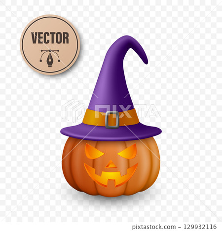 Vector Halloween Pumpkin with Witch Hat. Glowing Jack-o-Lantern with Spooky Smile and Witch Hat for Halloween Party Decor. Halloween Digital Clipart 129932116