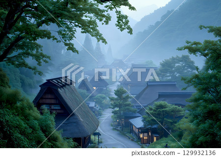 Shirakawa-go shrouded in mist 129932136