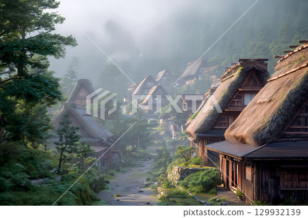 Gassho-style houses shrouded in mist 129932139