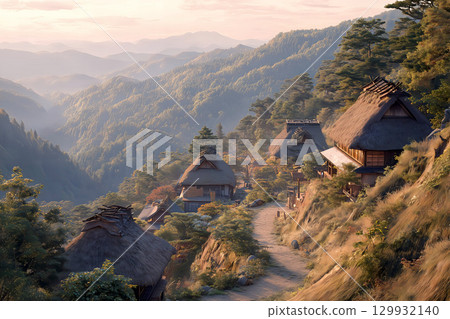 A Gassho-style village illuminated by the morning sun 129932140