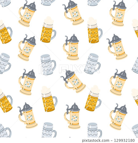 Seamless pattern of German beer steins and frothy beer mugs with traditional motifs and metal lids on white background for Oktoberfest 129932180