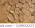 Ground cracked from drought showing dry, parched soil under bright sunlight in a rural area 129932223