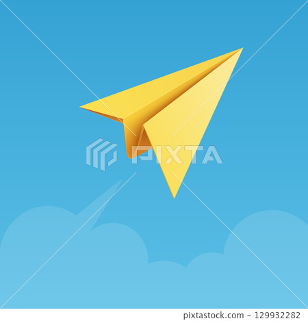 Realistic Yellow Paper Airplane Flying in Blue Sky Background. Conceptual Flight Illustration. Vector Artwork. Creative Aviation Design. Sky Scene with Paper Plane. Vector Illustration Realistic Yellow Paper Airplane Flying in Blue Sky Background. Conceptual Flight Illustration. Vector Artwork. Creative Aviation Design. Sky Scene with Paper Plane. Vector Illustration 129932282