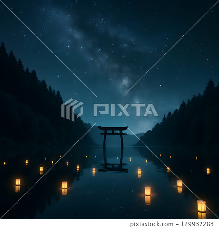 A fantastic night view illustration of a starry sky reflected in the lakeside forest, lanterns, and a floating torii gate 129932283