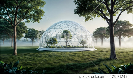 glass dome structure surrounded by lush trees and foggy landscape for sustainable design themes 129932431