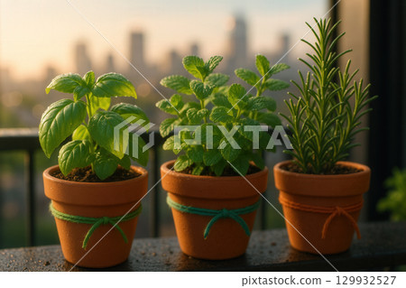 Balcony Herb Garden at Sunrise With Basil, Mint, and Rosemary in Terracotta Pots Over City Skyline 129932527
