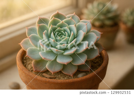 Echeveria Succulent Rosette in Terracotta Pot by Sunny Window 129932531