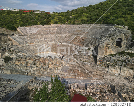 Aerial view across ephesus great theatre tiers and stage remains, Turkey 129932718