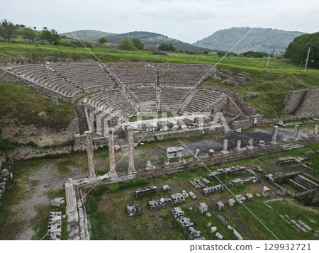 Ancient amphitheater and columns of Pergamon ruins in Bergama Turkey Ancient amphitheater and columns of Pergamon ruins in Bergama Turkey 129932721