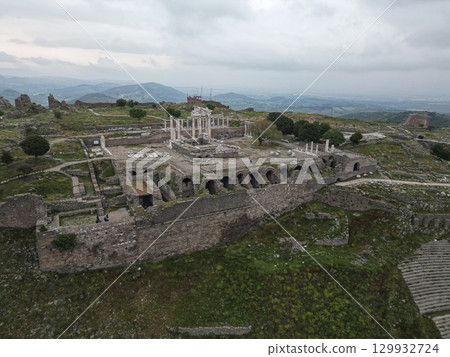 Aerial view of Pergamon Acropolis ruins on mountain in Bergama Turkey 129932724