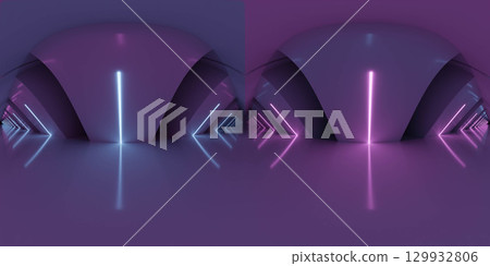 Futuristic Neon Corridor with Glowing Lights 360 vr panorama 129932806