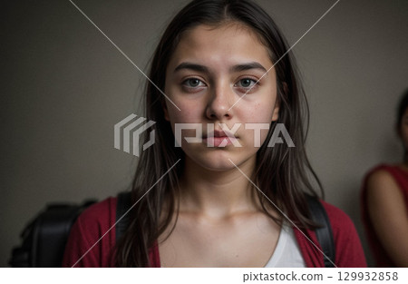 Close-Up Portrait of a Young Woman with Neutral Expression 129932858