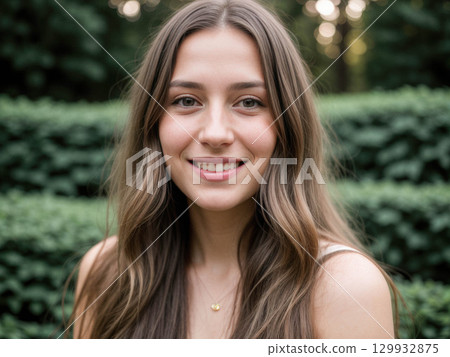 Smiling Young Woman in Lush Greenery 129932875