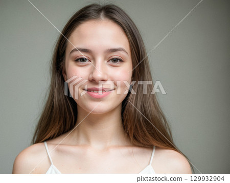 Smiling Young Woman Portrait on Gray Background Smiling Young Woman Portrait on Gray Background 129932904