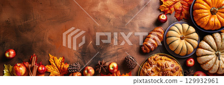 A festive Thanksgiving Day arrangement, pumpkins, autumn leaves, apples, and a pie on a rustic wooden surface, horizontal banner, copy space, free space for text 129932961