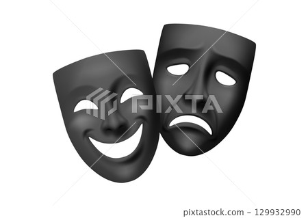 Vector 3d Black Theater Masks for Comedy and Tragedy in Classic Greek and Roman Style. Theater Masks for Drama and Theater Shows. Theater Masks Symbol of Culture, Festival, Performing Arts 129932990