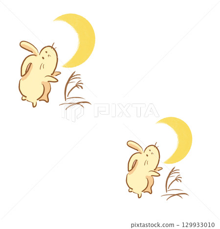 新月和兔子卡通白色背景（圓形和方形） 129933010