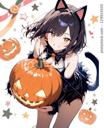 A girl dressed as a black cat for Halloween A girl dressed as a black cat for Halloween 129933030