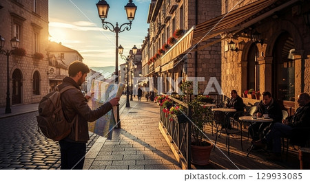 Tourists walking through the city at dusk Tourists walking through the city at dusk 129933085