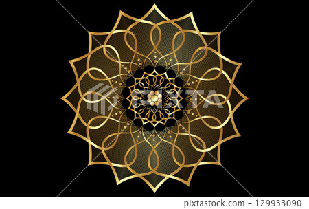 Lotus flower Mandala, gold luxury floral ornament, Arabic logo design. Golden Flower blossom symbol of yoga, spa, beauty salon, cosmetics, relax, brand style. Vector isolated on black background Lotus flower Mandala, gold luxury floral ornament, Arabic logo design. Golden Flower blossom symbol of yoga, spa, beauty salon, cosmetics, relax, brand style. Vector isolated on black background 129933090
