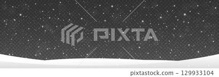 Snowfall and snow caps on transparent background. Christmas falling snowflakes. White winter atmosphere. Snowy texture with flying flakes. Realistic blizzard pattern. Vector illustration 129933104