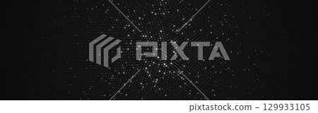 Silver halftone background. Glitter circle particles on dark wallpaper. Festive pattern with soft radial light effect. Circular confetti texture for invitation or greeting card. Vector illustration 129933105