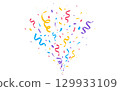 Colorful confetti explosion. Red, blue, yellow and purple streamers flying on white background. Color paper burst. Ribbons for celebration, party, birthday or festive design. Vector Illustration 129933109