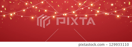 Christmas red background with glowing lights. Festive gold confetti. Bright garland for holiday card, banner or invitation. New Year design template. Golden glowing lamps. Vector Illustration 129933110