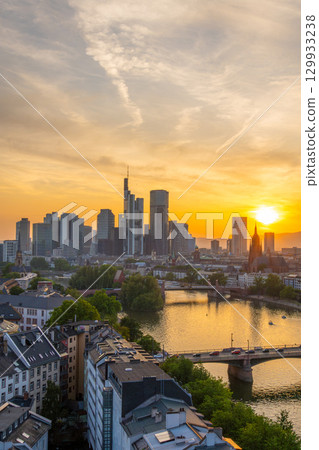 Frankfurt am Main Downtown City Skyline at Sunset. Aerial View. Hesse, Germany 129933238