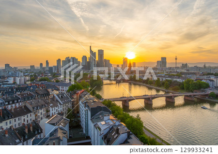 Frankfurt am Main Downtown City Skyline at Sunset. Aerial View. Hesse, Germany 129933241