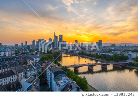 Frankfurt am Main Downtown City Skyline at Sunset. Aerial View. Hesse, Germany 129933242