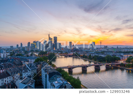 Frankfurt am Main Downtown City Skyline at Evening Twilight. Aerial View Frankfurt am Main Downtown City Skyline at Evening Twilight. Aerial View 129933246