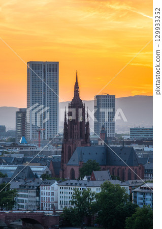 Frankfurt Cathedral and City at Sunset. Aerial View. Hesse, Germany Frankfurt Cathedral and City at Sunset. Aerial View. Hesse, Germany 129933252