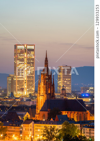 Frankfurt Cathedral and City at Night. Aerial View. Hesse, Germany 129933253