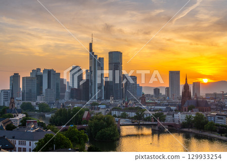 Frankfurt am Main Downtown City Skyline at Sunset. Aerial View. Hesse, Germany 129933254