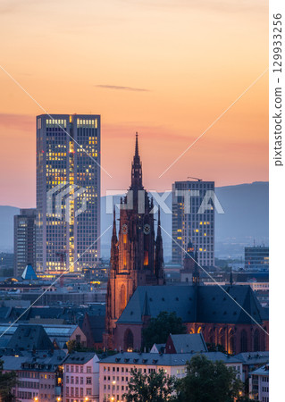 Frankfurt Cathedral and City at Evening Twilight. Aerial View. Hesse, Germany Frankfurt Cathedral and City at Evening Twilight. Aerial View. Hesse, Germany 129933256