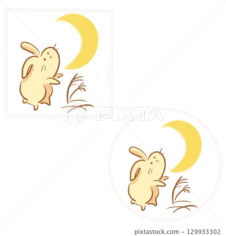 新月和兔子插畫白框套裝（圓形和方形） 129933302