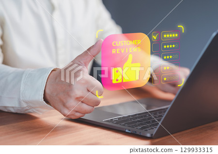 Business concept of customer service satisfaction, service quality, testimonial review, and positive user experience in an online feedback system. Customer select five star icon from a feedback. 129933315