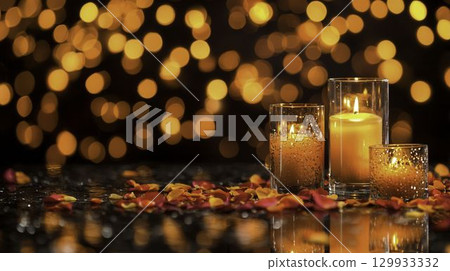 Romantic candlelight scene with glowing candles and scattered rose petals on a reflective surface 129933332