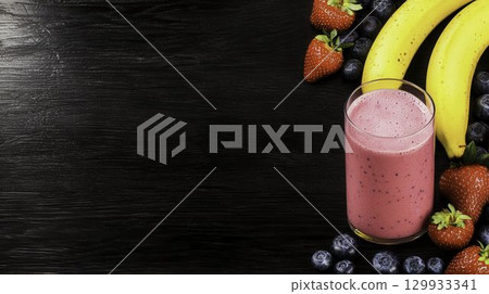 Fresh Fruit Smoothie with Strawberries, Bananas, Blueberries on Dark Wooden Background 129933341