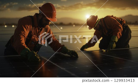 Technicians Installing Solar Panels on Roof at Sunset with Beautiful Mountain Background 129933413