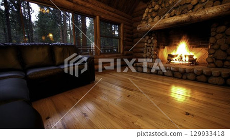 Cozy Log Cabin Interior with Warm Fireplace and Natural Wood Flooring in Peaceful Setting 129933418