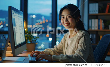 一位日本女性晚上在家庭辦公室操作桌上型電腦時自然微笑的照片 129933438