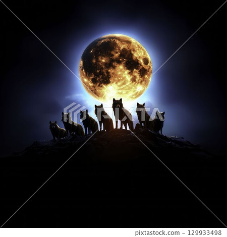 Majestic Wolves Silhouetted Against a Full Moon in a Night Sky Landscape 129933498