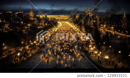 Winter Festival with Ice Skaters on Frozen River Surrounded by City Skyline at Twilight Winter Festival with Ice Skaters on Frozen River Surrounded by City Skyline at Twilight 129933521