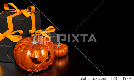 The Pumpkin and gift box for Halloween orHoliday concept 3d Rendering. 129933589